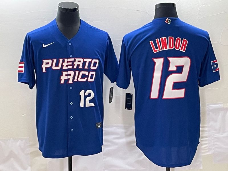 Men 2023 World Cub Puerto Rico 12 Lindor Blue Nike MLB Jersey3
